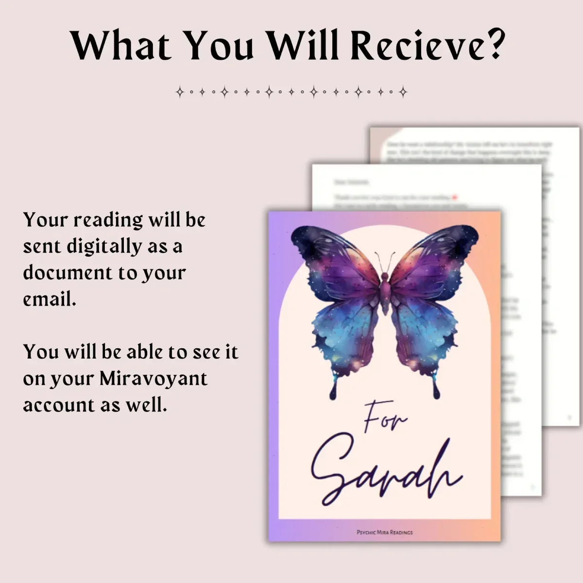 Digital psychic reading document with colorful butterfly for Sarah, delivered by email and Miravoyant
