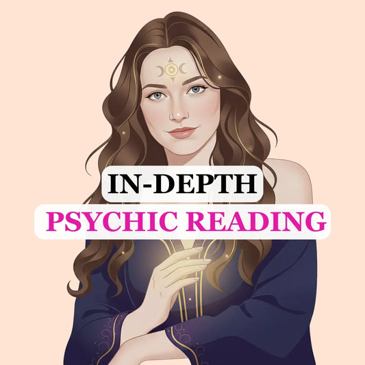 Illustration of a woman with long brown hair and a triple moon symbol on her forehead, offering in-depth psychic reading