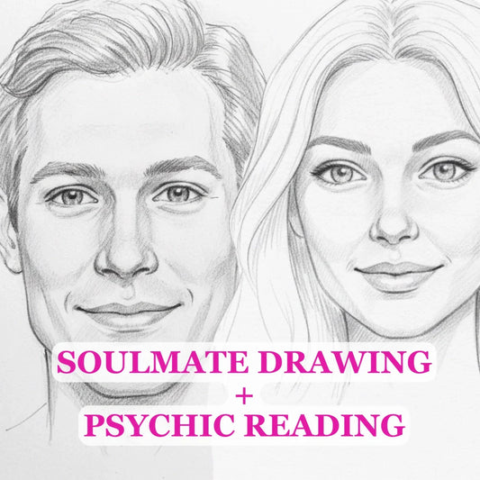 Pencil sketch of a man and woman with text soulmate drawing and psychic reading in pink